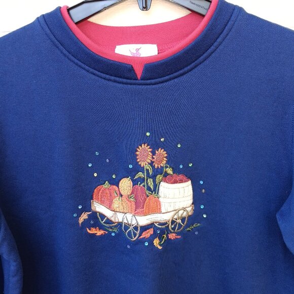 Quacker Factory 1X Sweatshirt Pumpkin Wagon Embroidered Sequin Fall Autumn Blue - Picture 1 of 4